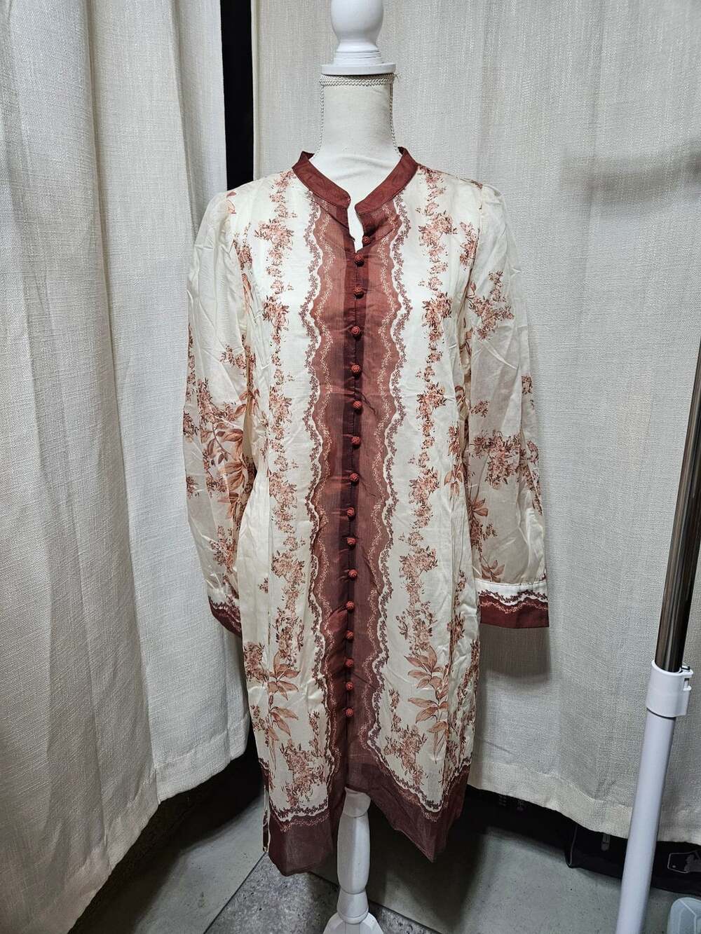 Calypso St. Barth Off-White and Brown Floral Button-Down Midi Dress